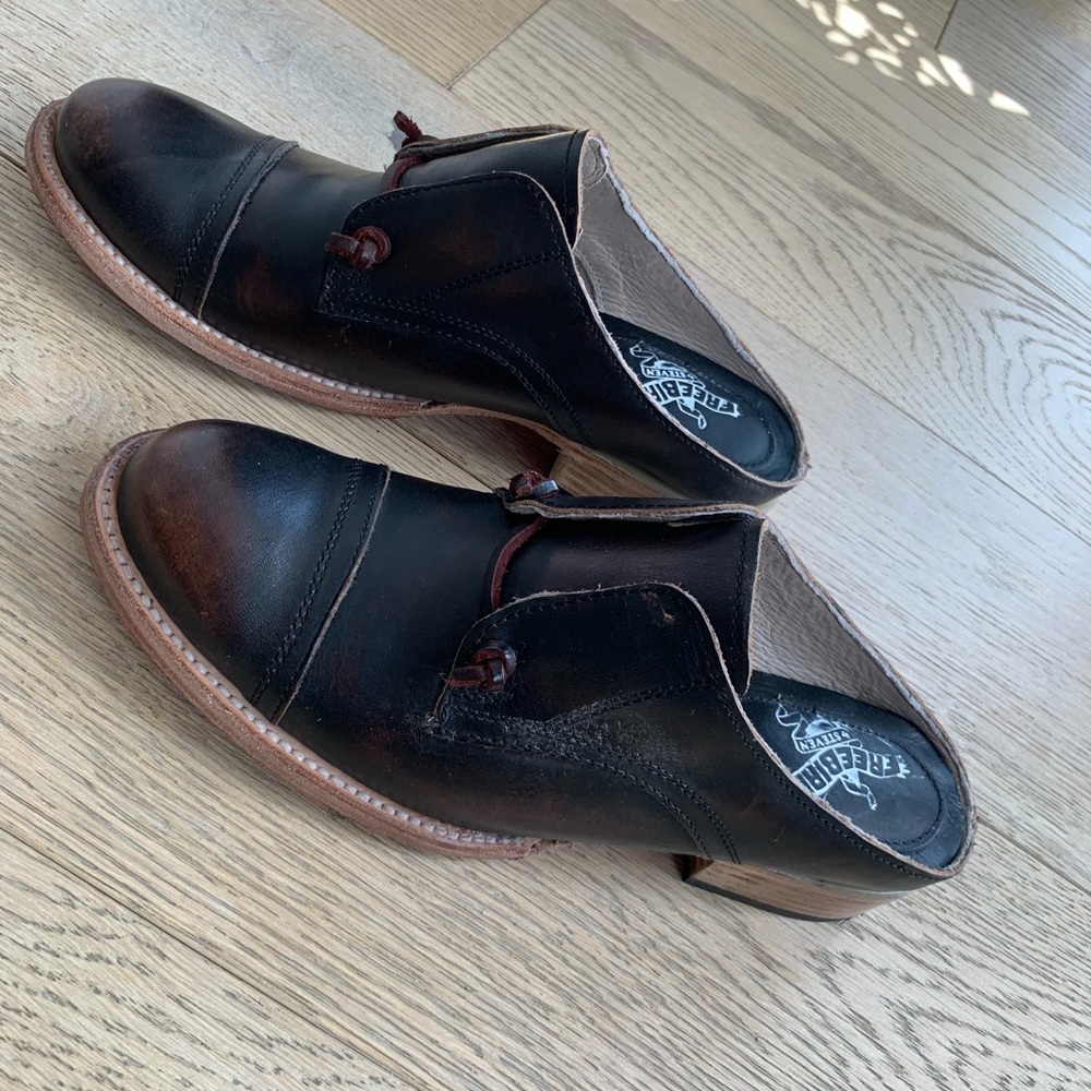 Brown Freebird slip on loafers w stacked heel. Worn once.